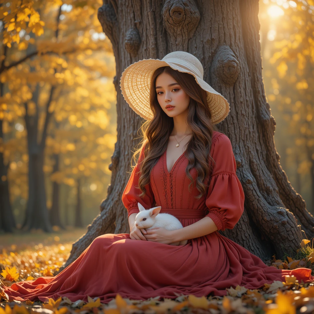 Mujer con vestido rojo descansando junto a un roble