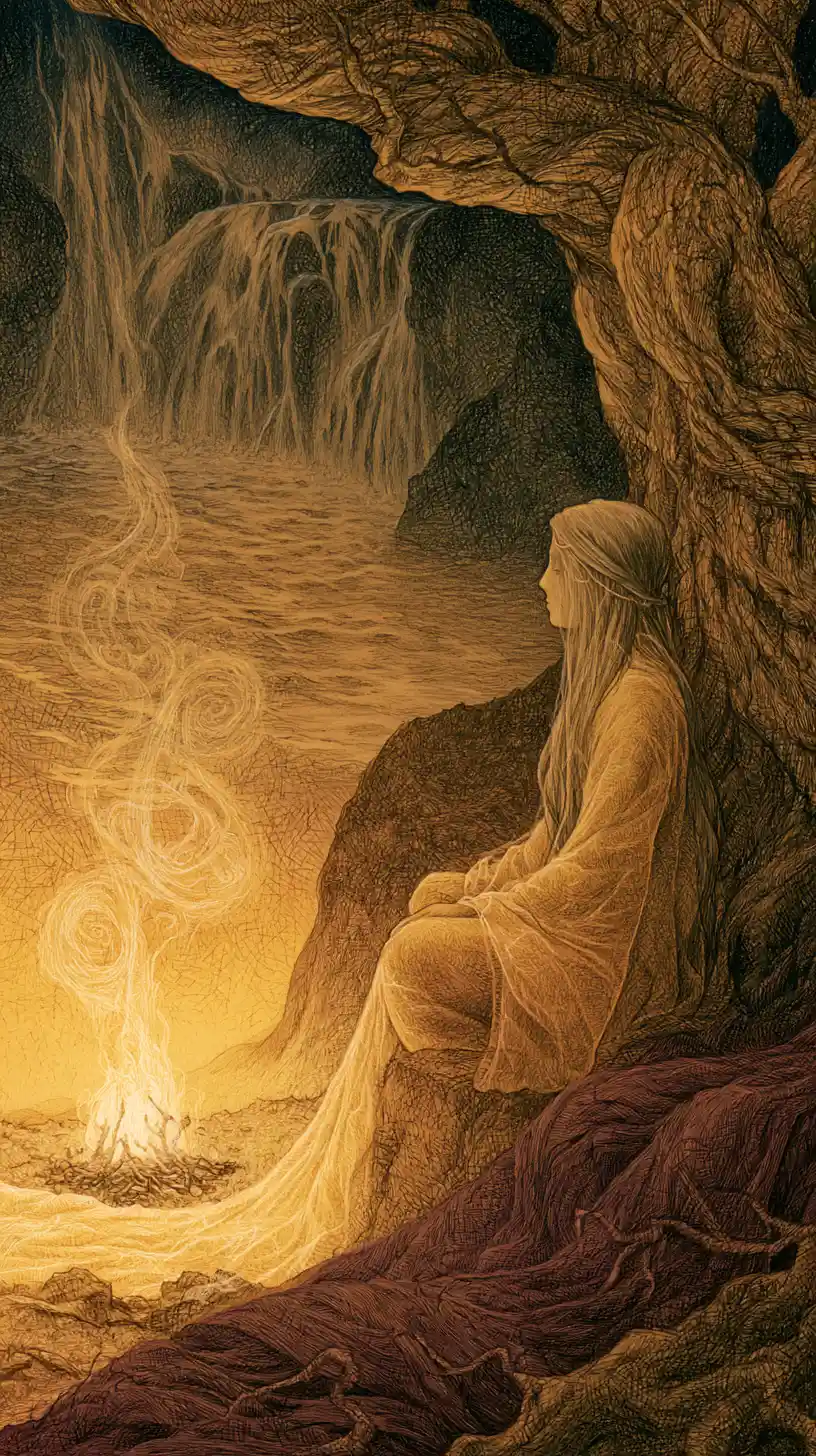 Ethereal woman meditating beneath an ancient tree by water