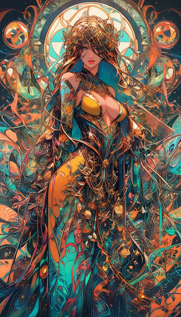 Mysterious woman in an alleyway with neon steampunk art