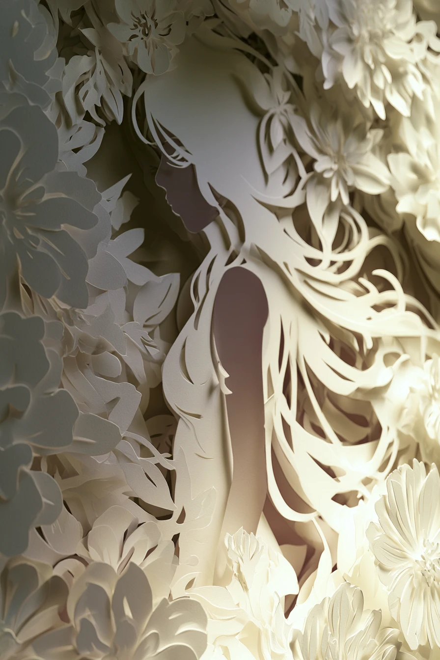 Layered papercut shadow box with floral silhouette woman
