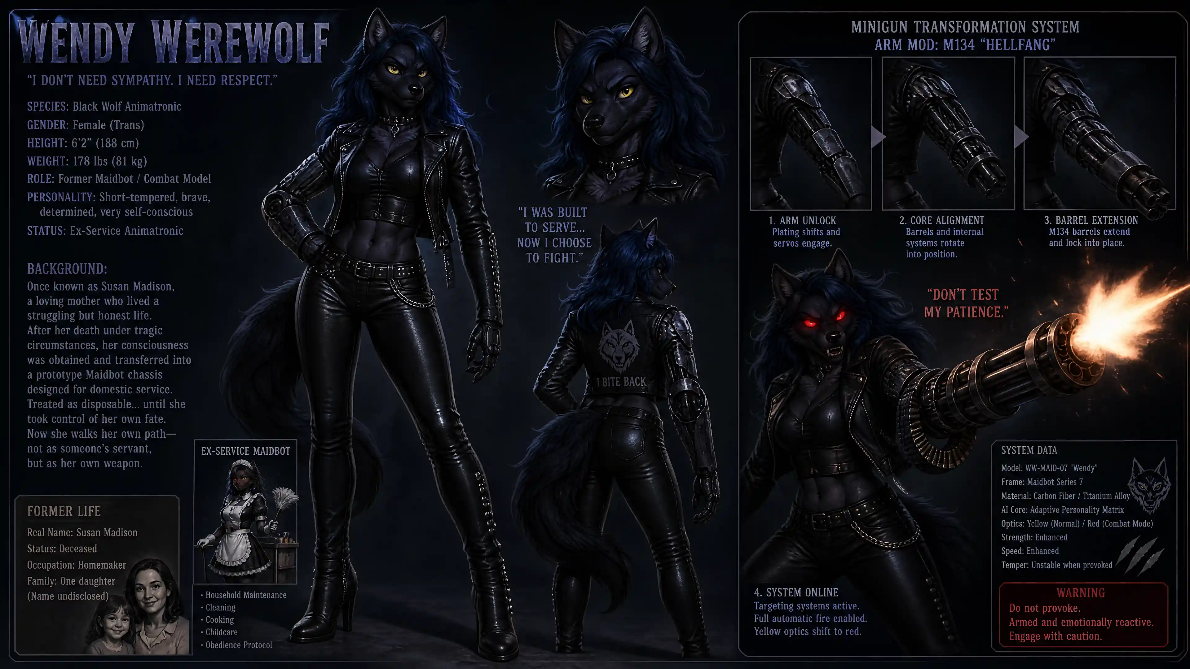Cybernetic werewolf woman with leather outfit and minigun arm