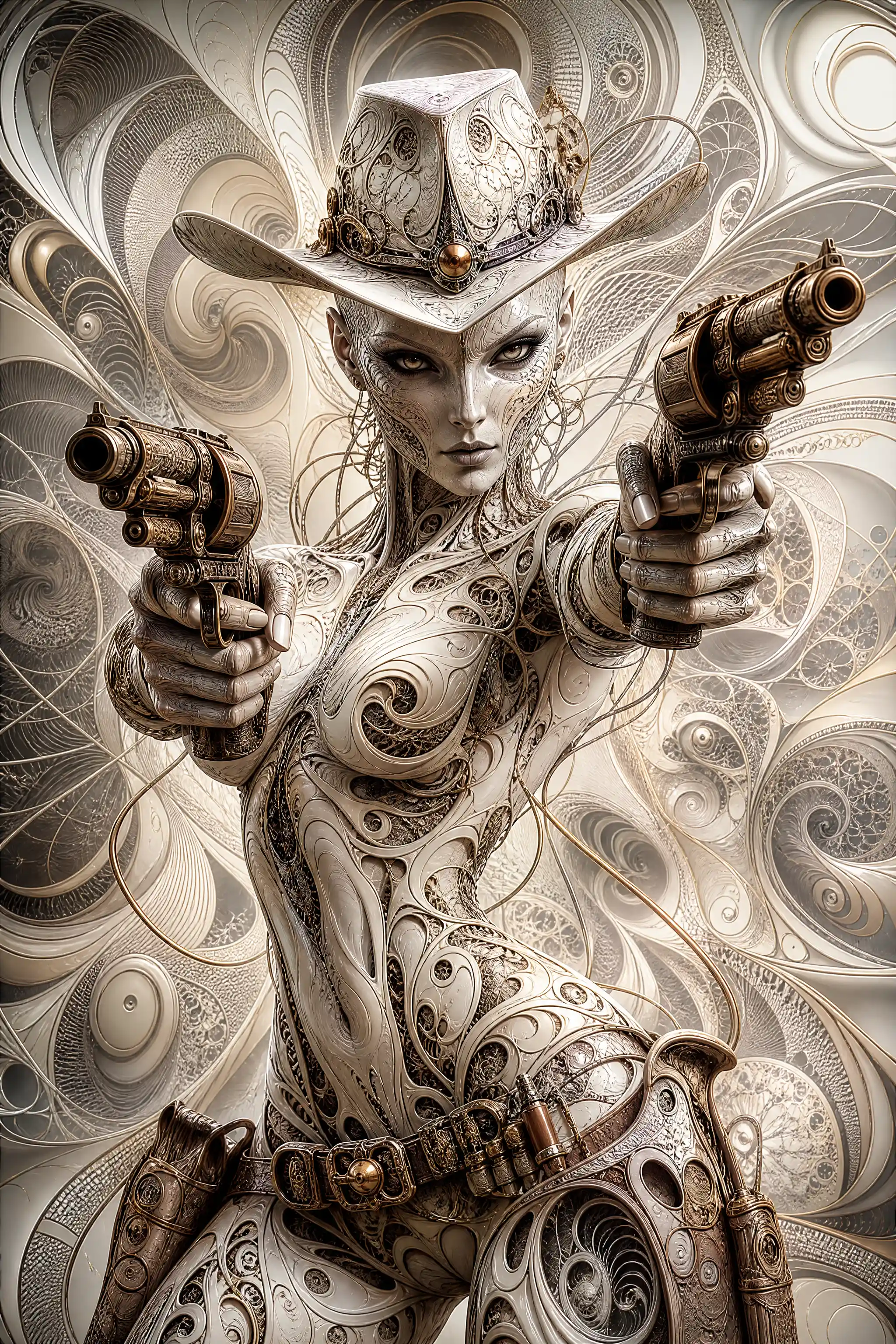 Guerrera vaquera fractal futurista con dos pistolas