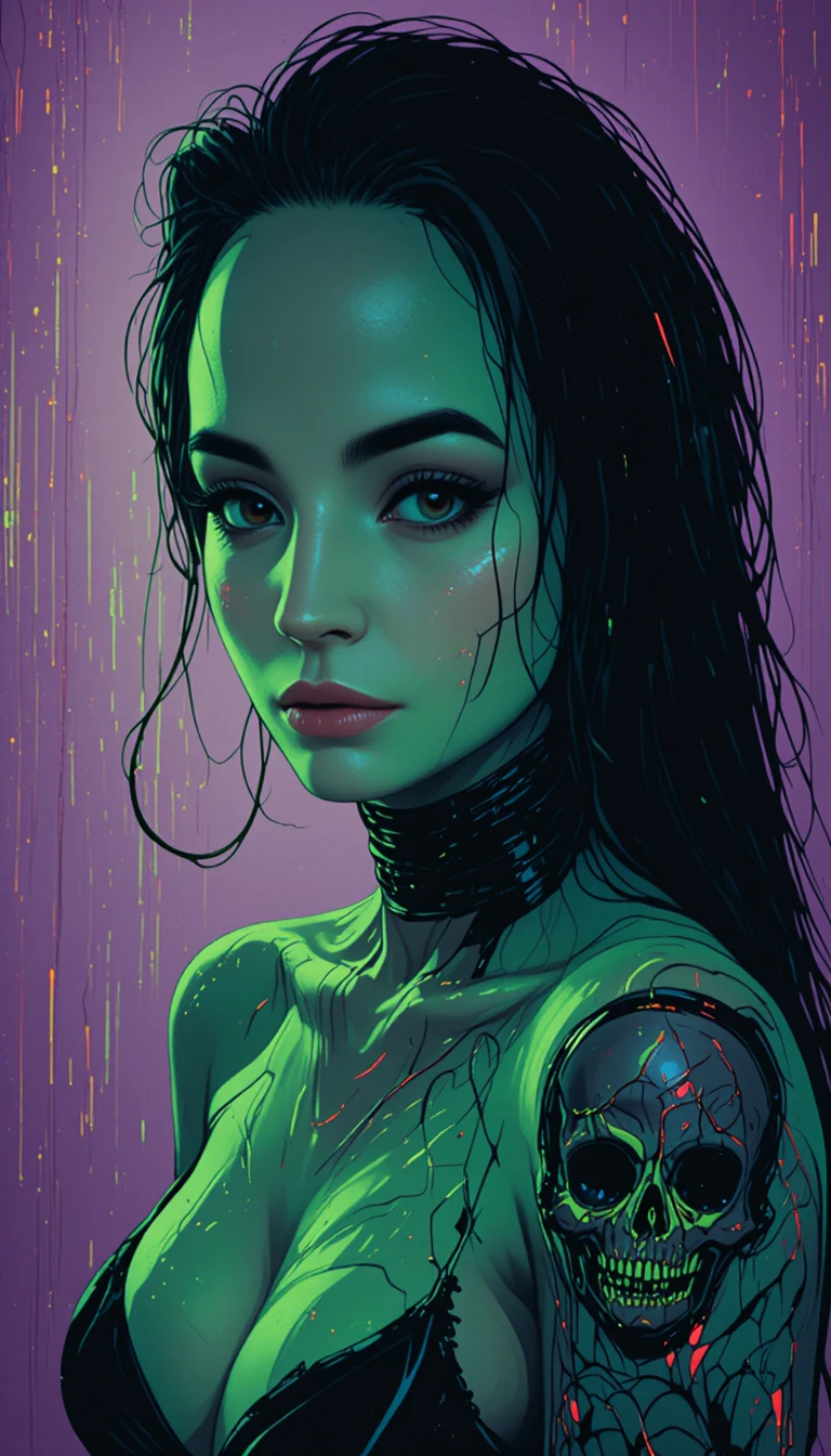 Retrato de mujer cyberpunk con piel verde neón y tatuajes