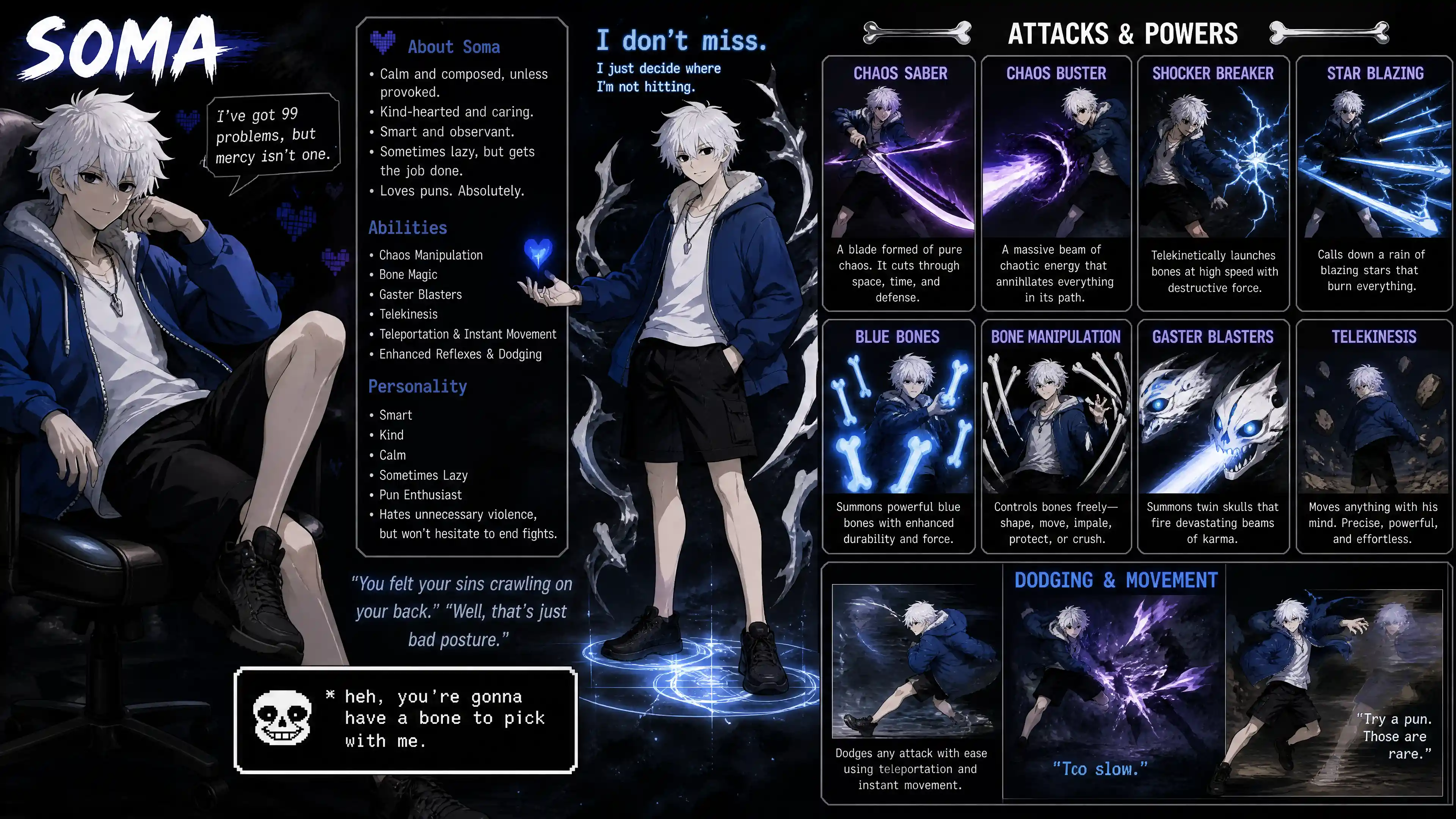 Hombre de anime de cabello blanco con poderes mágicos caóticos