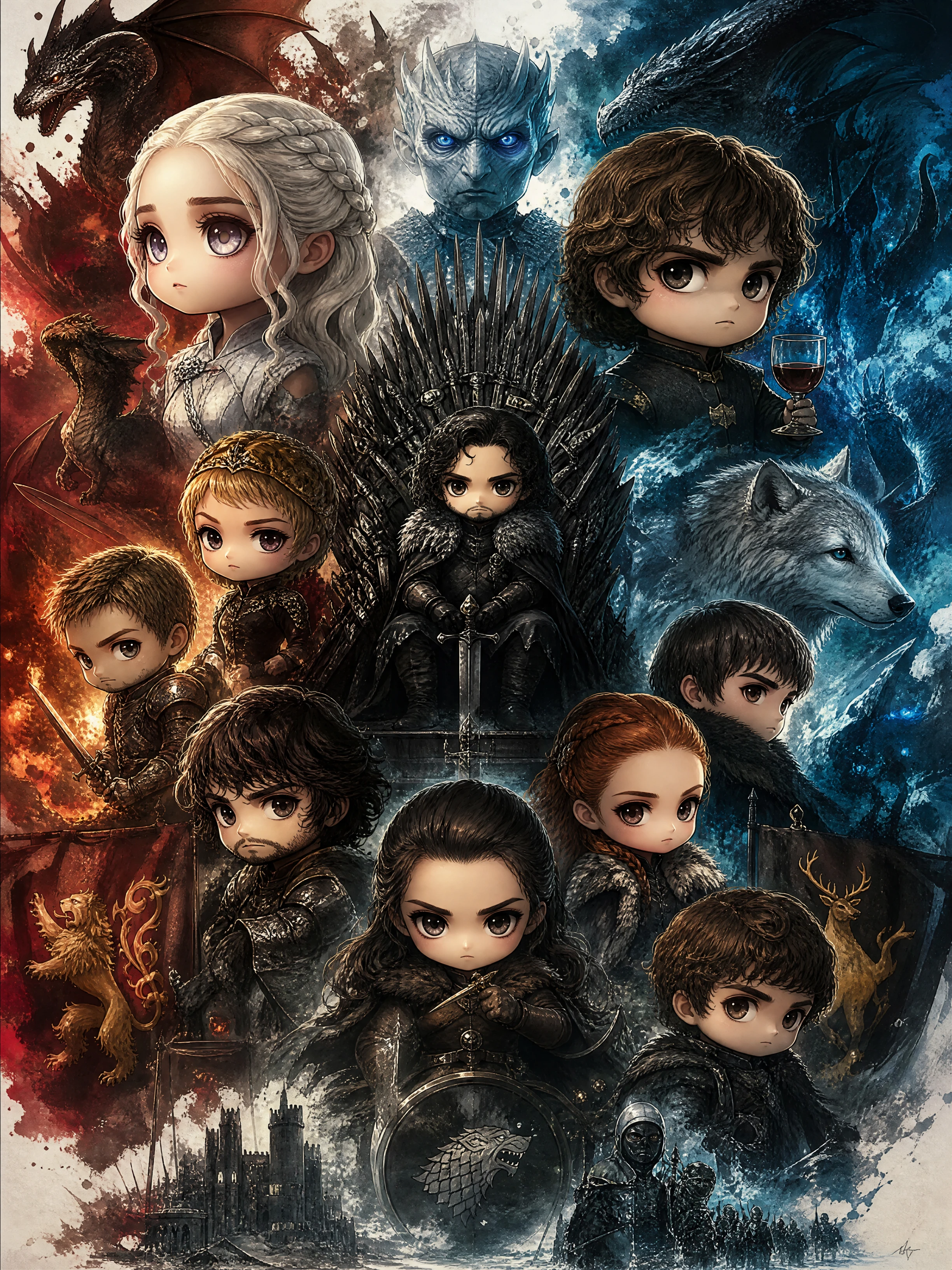 Personaggi chibi fantasy epici in illustrazione digitale drammatica