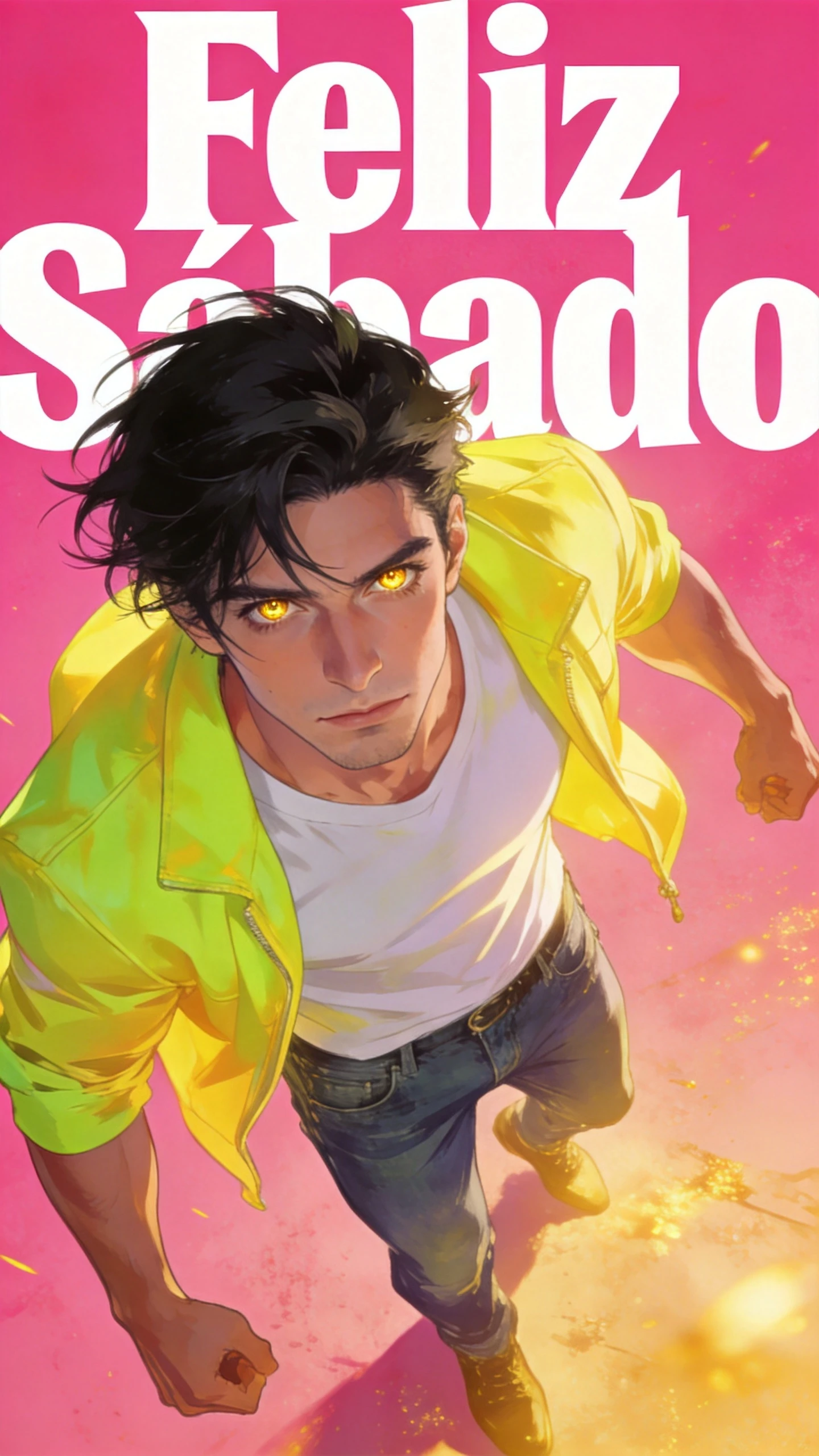 Hombre dinámico con chaqueta amarilla en ilustración de póster de fantasía