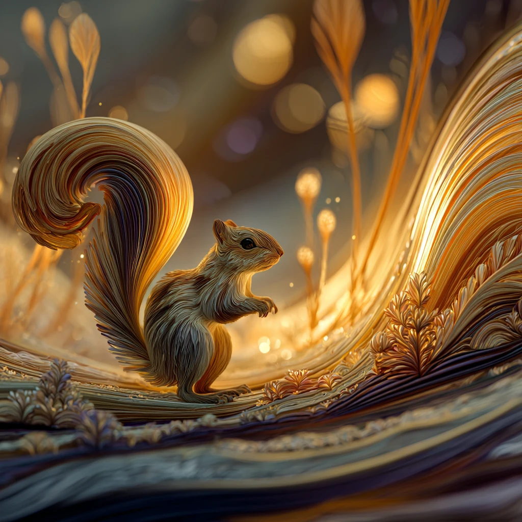 Whimsical squirrel in a glowing golden fantasy forest