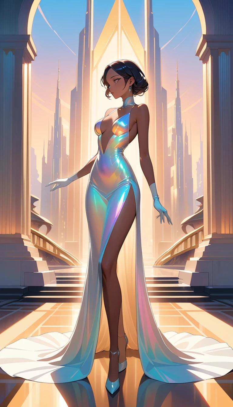 Elegant woman in silk gown in futuristic city skyline