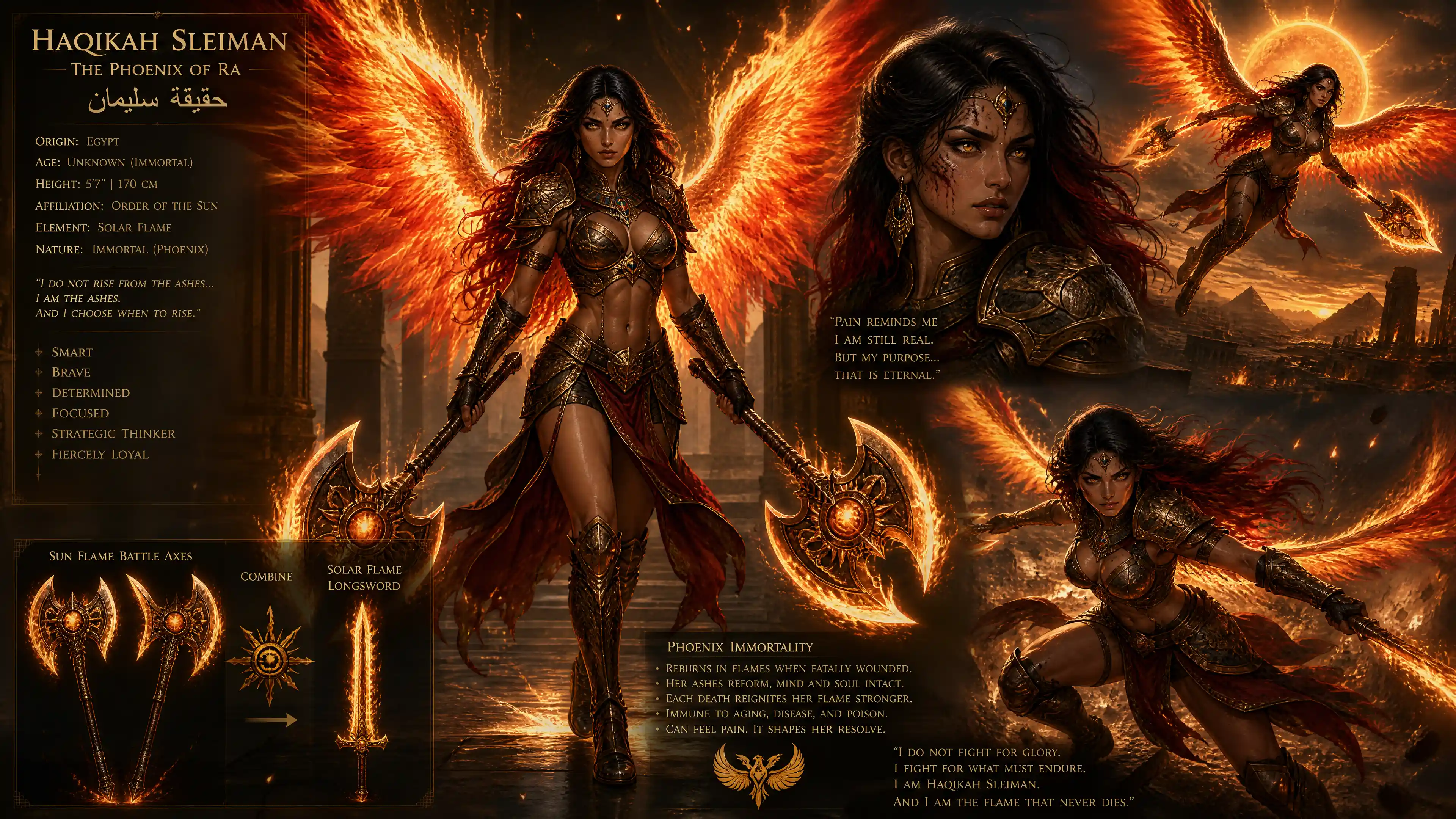 Guerrera egipcia con alas de fénix y hachas de batalla en llamas