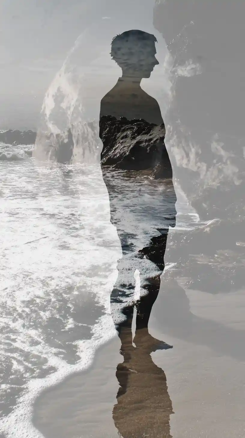 Man walking on water along a bright white beach