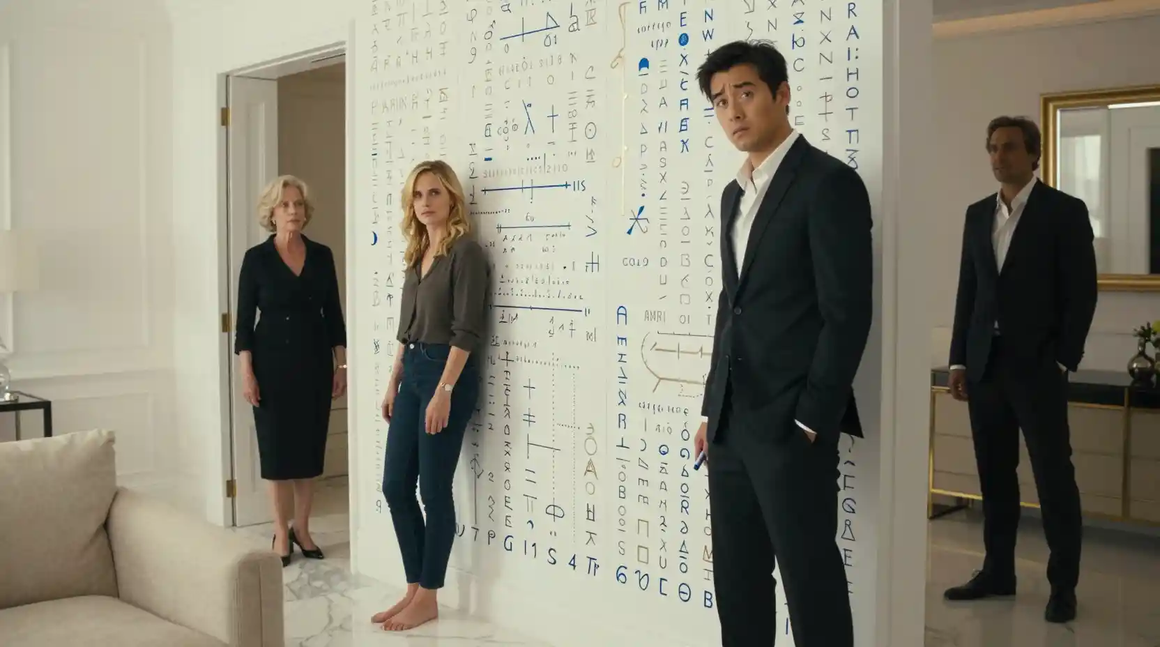 Plano amplio cinematográfico en un luminoso ático de lujo