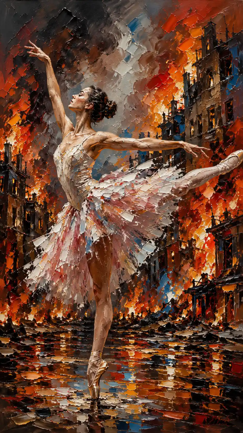 燃えさかる都市景観の中で踊る印象派のバレリーナ - AIアート | PicLumen