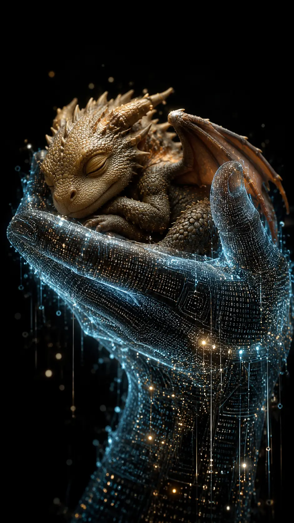 Mano Digitale che Culla un Cucciolo di Drago Addormentato – Ritratto