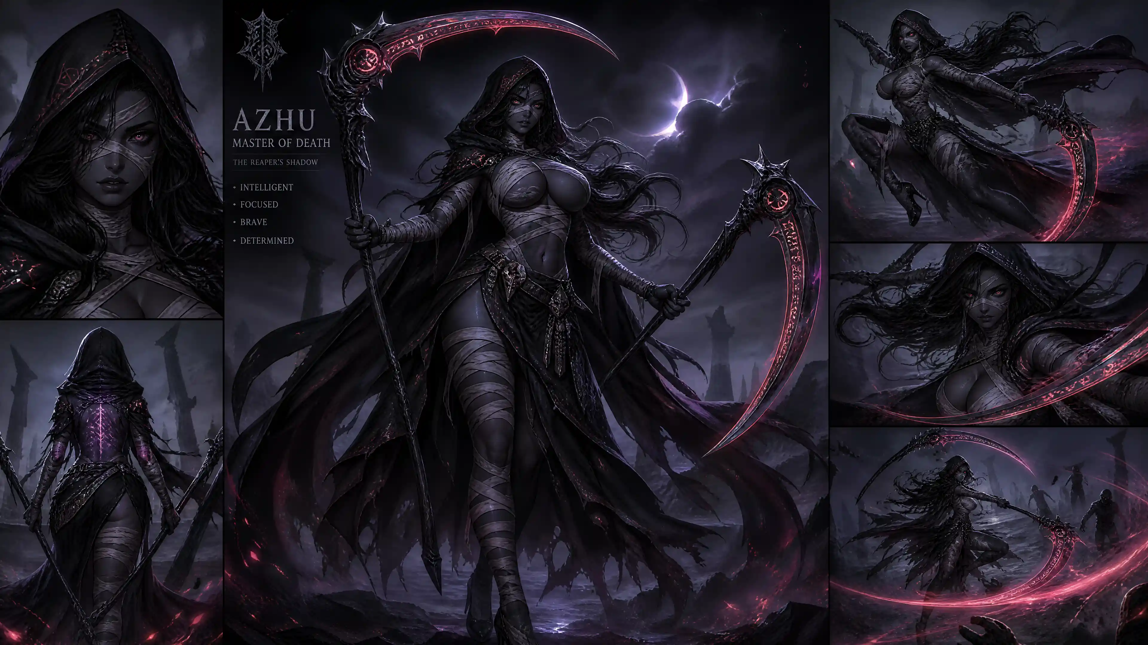 Dark fantasy woman reaper with dual scythes and hooded cape