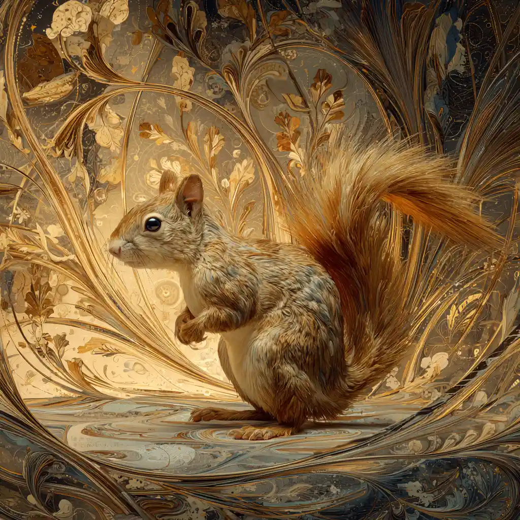 Whimsical squirrel in a glowing golden fantasy forest