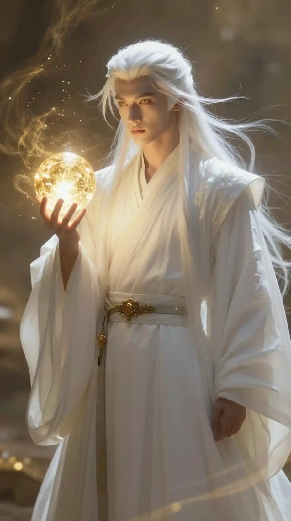 Mystical white haired mage holding a glowing golden orb
