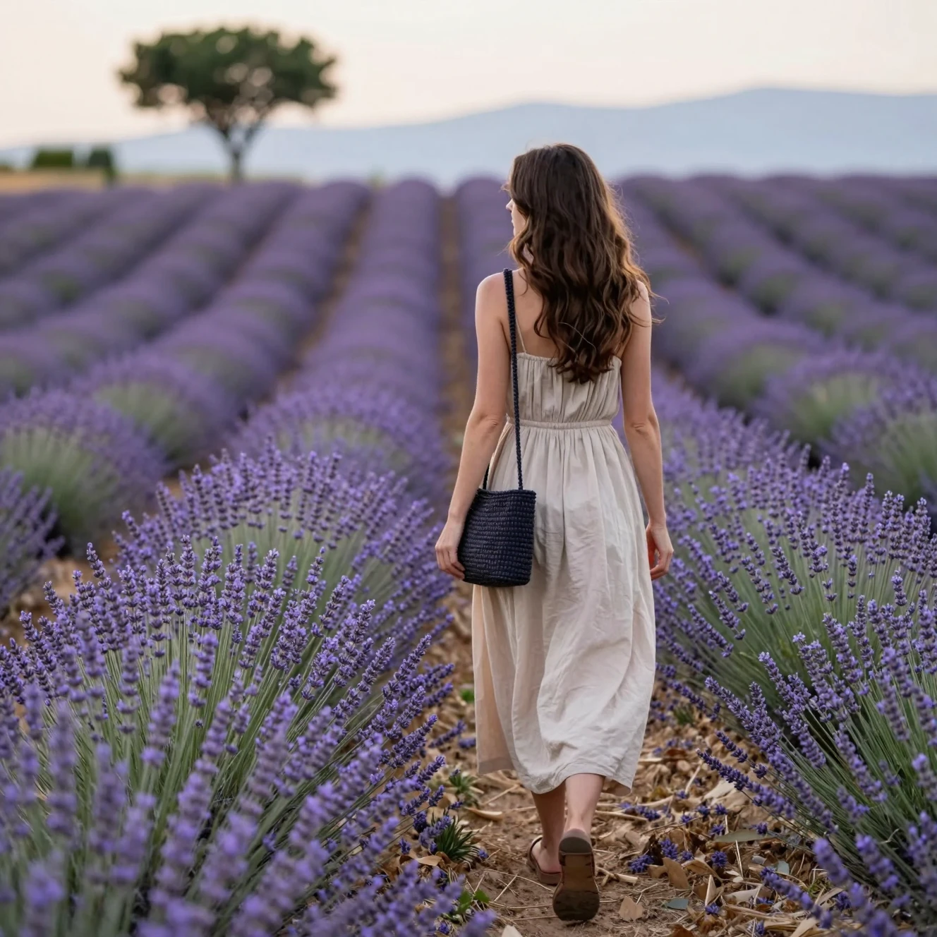 Mujer caminando por un campo de lavanda en la Provenza, Francia