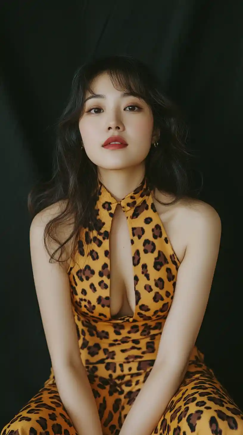 Elegant Chinese woman in leopard print halter dress sitting indoors