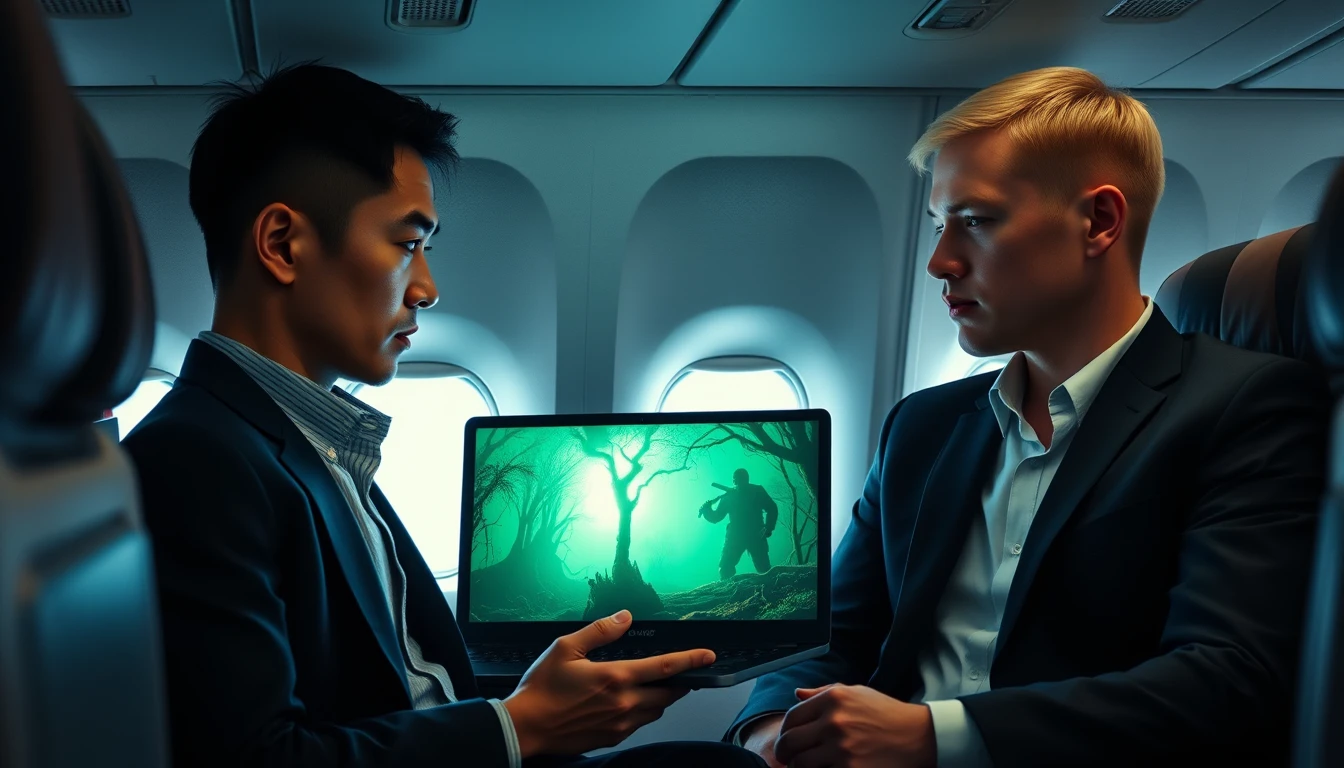Two men watching a laptop in an airplane cabin