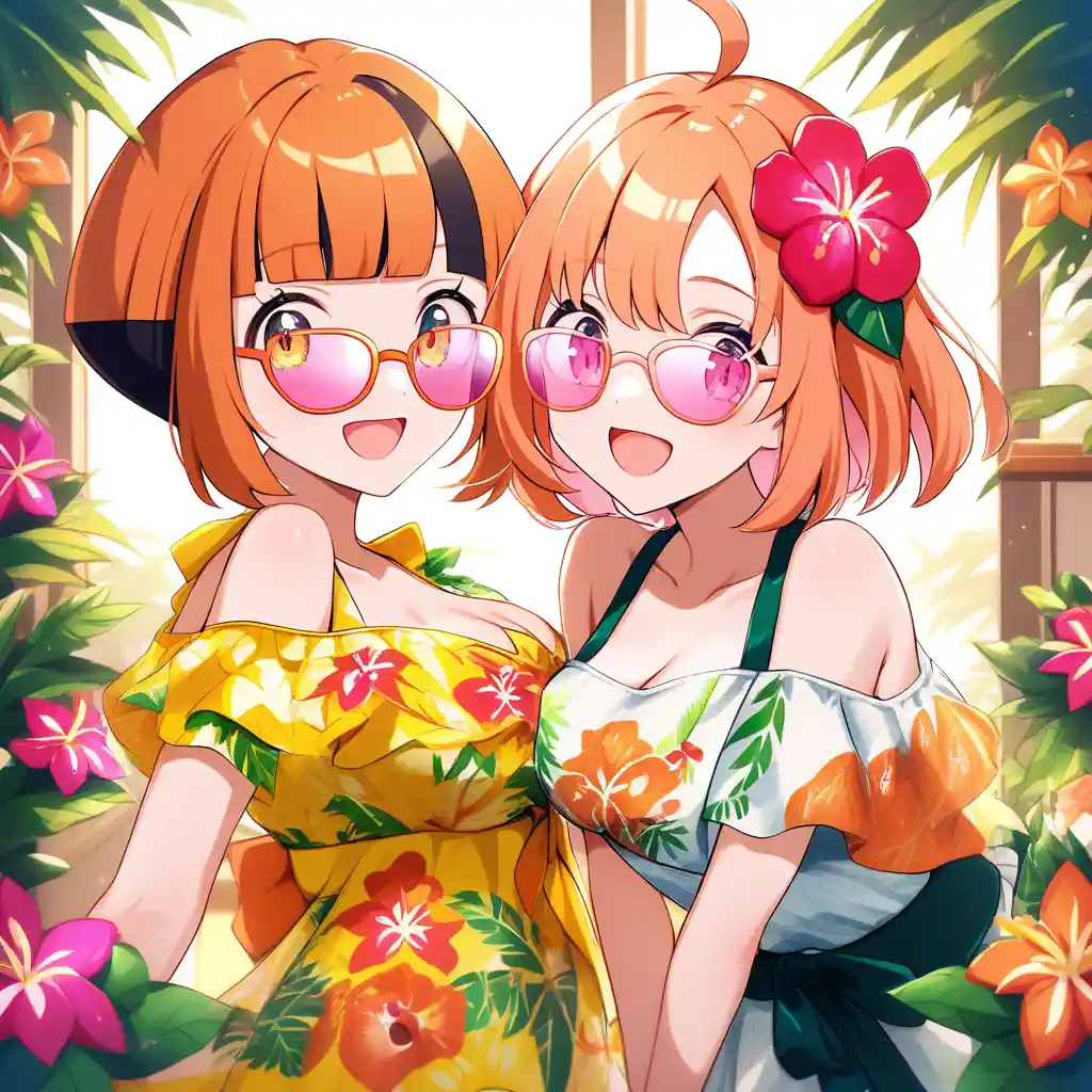 Chicas de anime con vestido floral y gafas de sol rosas en interiores