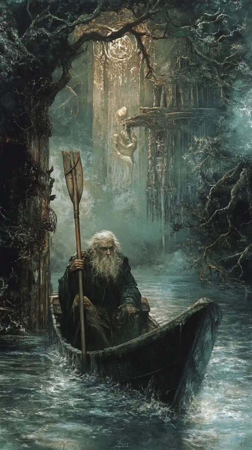 Drowning figures sinking into a dark underwater world