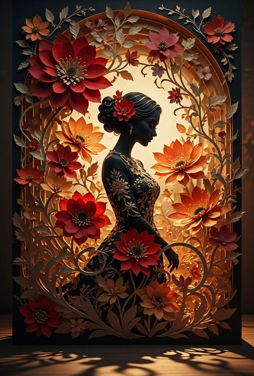 Layered papercut shadow box with elegant floral woman