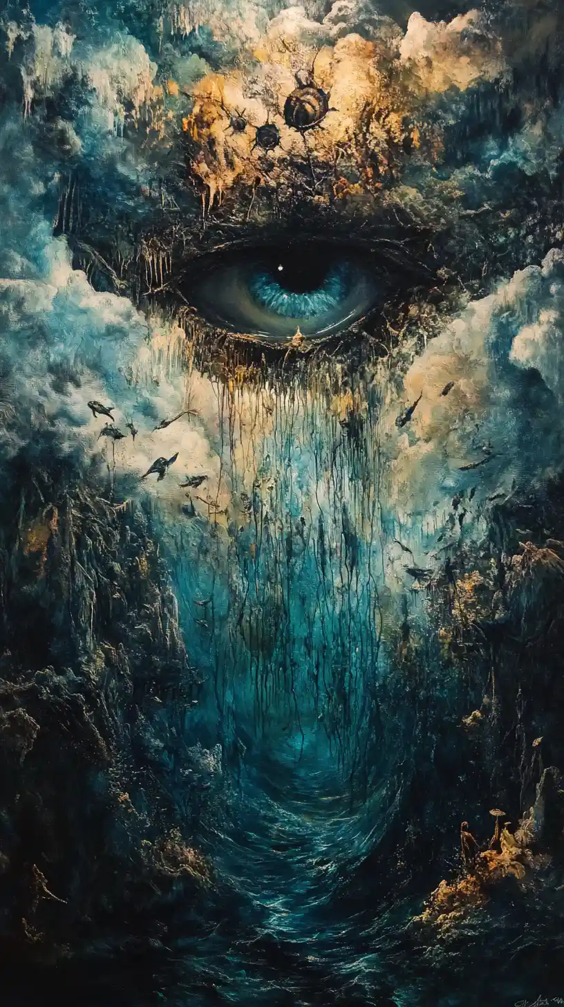 Figures drowning together in a dark underwater abyss