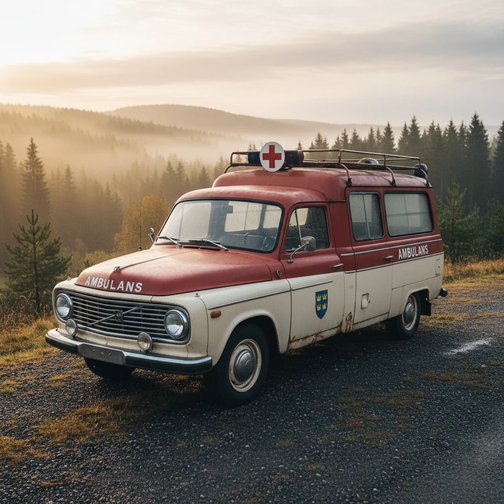 Ambulancia sueca vintage en un paisaje escandinavo con niebla