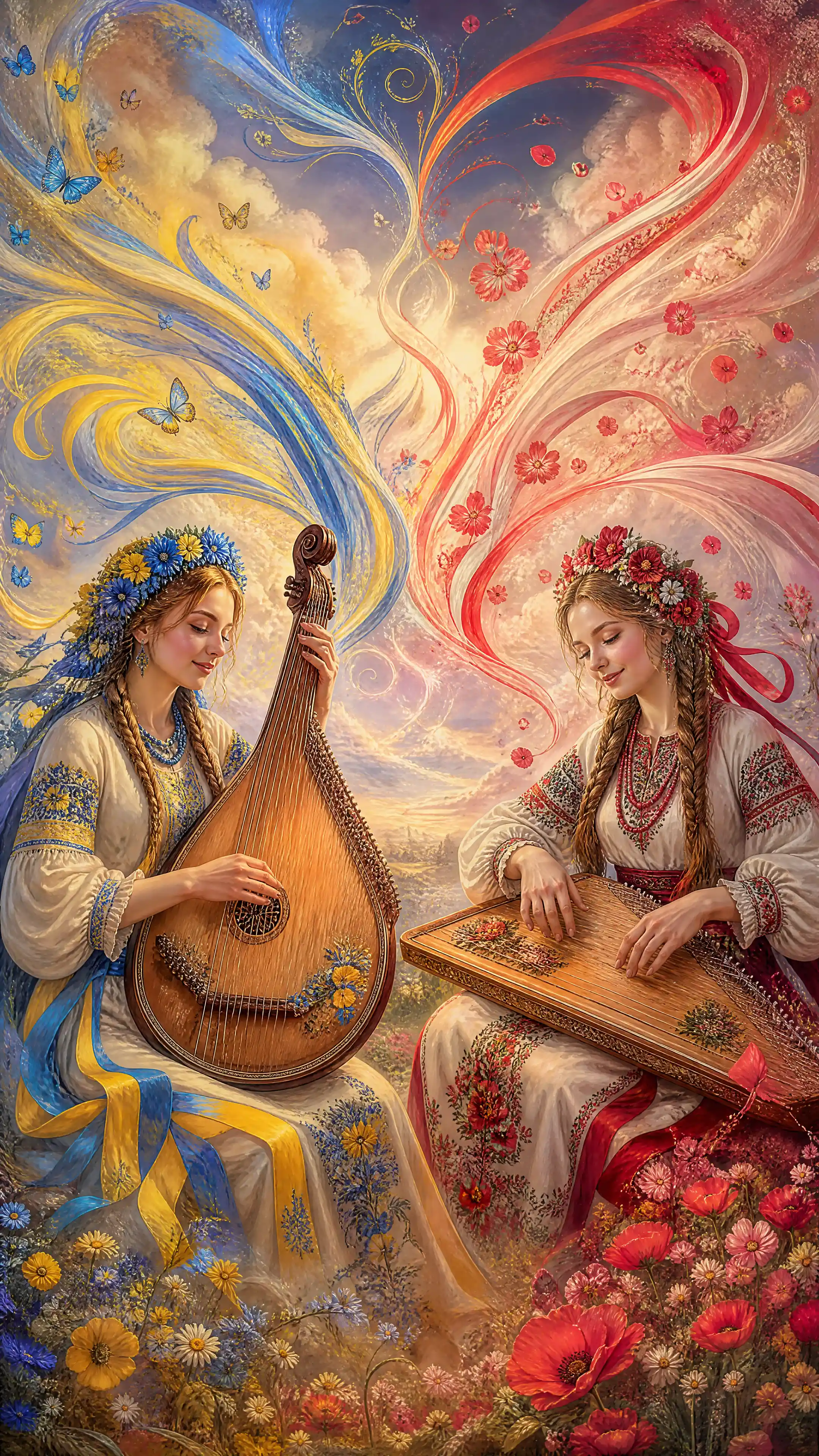 Ragazza slava che suona la bandura in colori surreali e luminosi