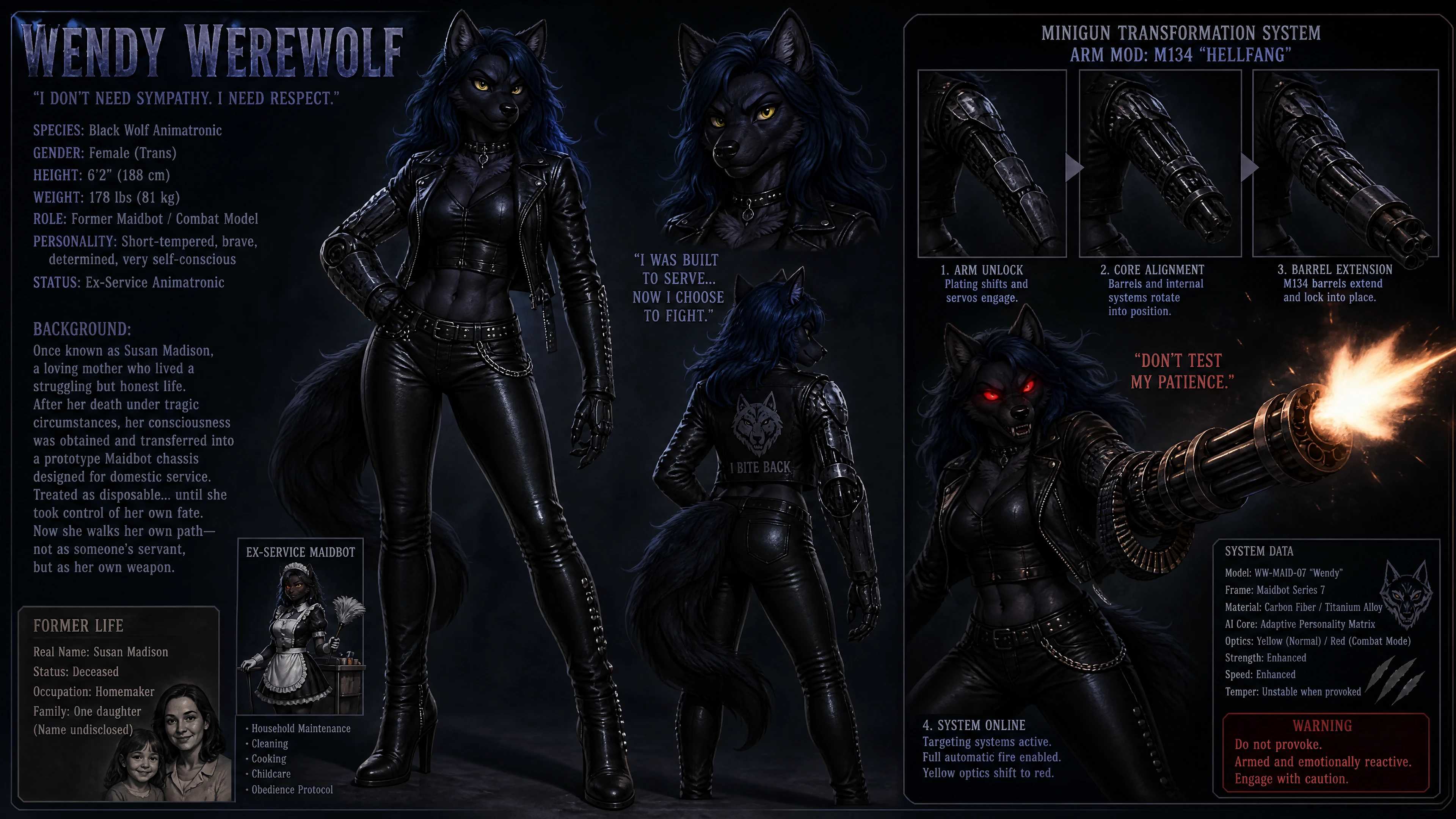Cybernetic werewolf woman with leather outfit and minigun arm