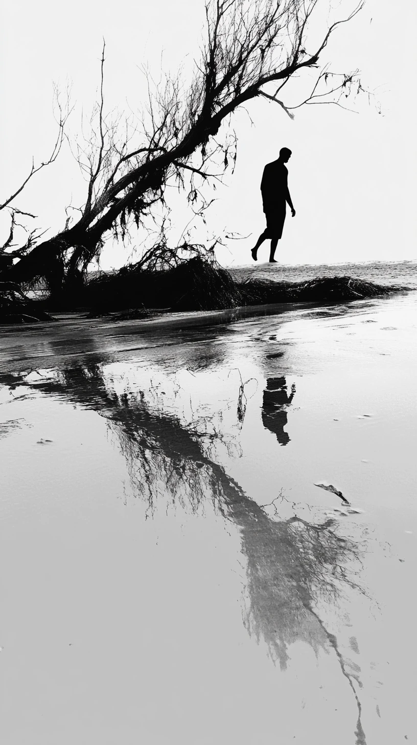 Man walking on water along a bright white beach