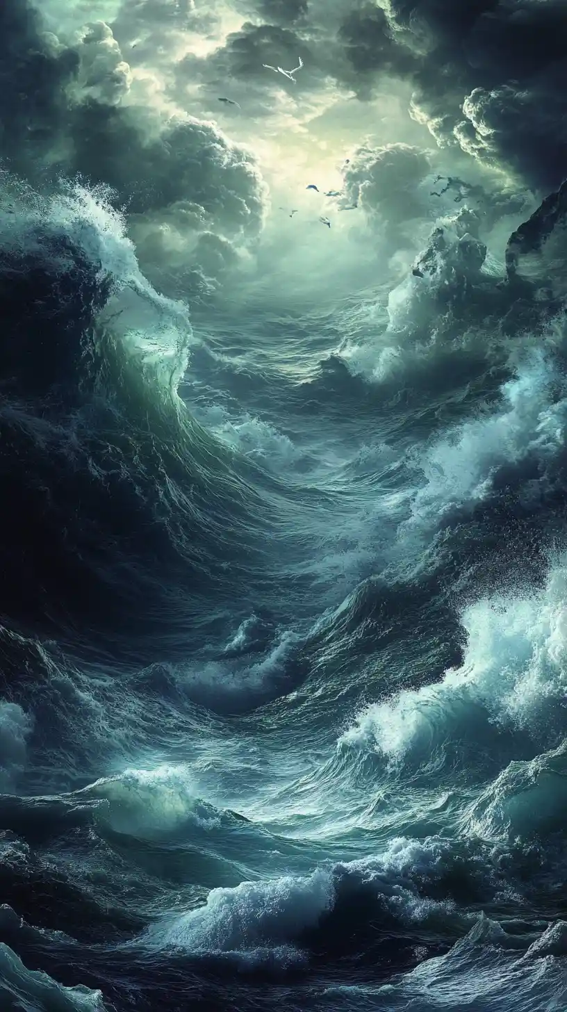 Figures wading into mysterious ocean waves for baptism