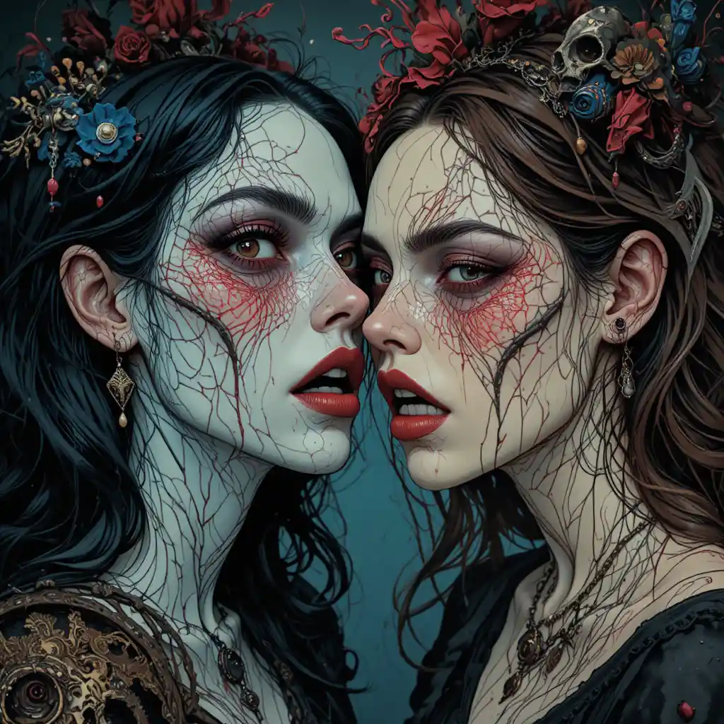 Ilustración surreal y macabra de mujeres en una escena de horror lúdica