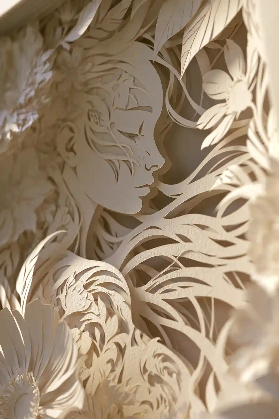 Caja de sombras en papercut de una mujer con siluetas florales en capas
