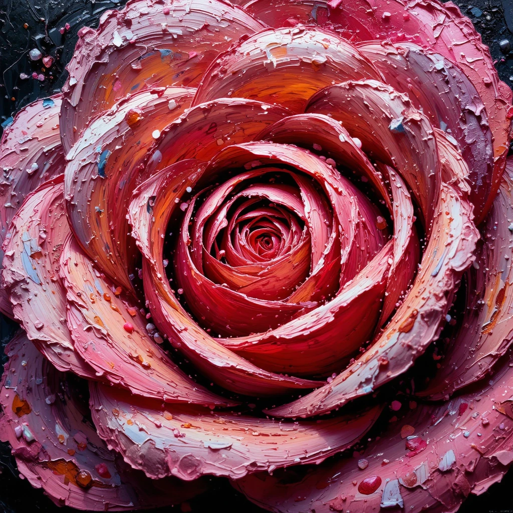 Pintura en impasto de una sola rosa en primer plano extremo