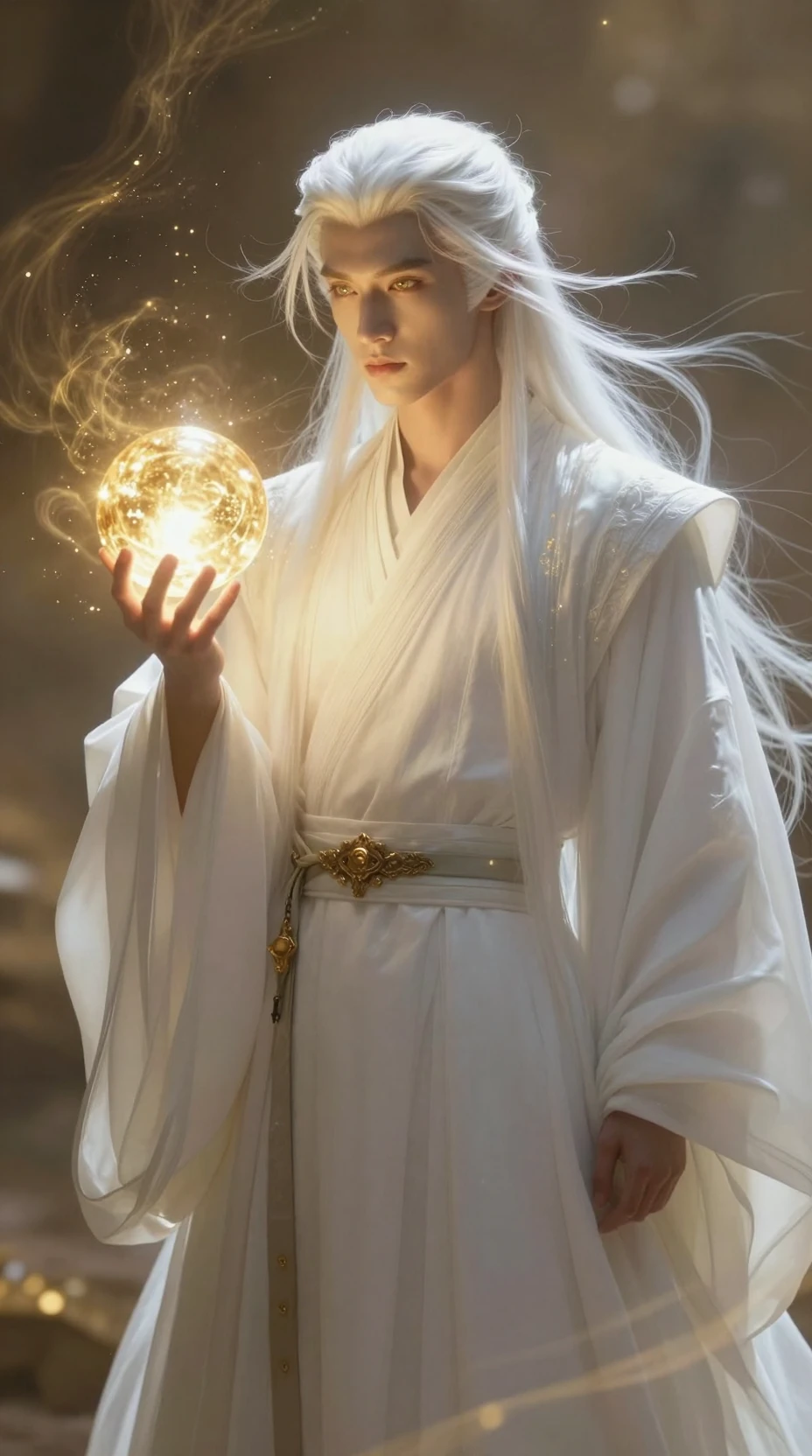 Mago místico de cabello blanco sosteniendo un orbe dorado brillante