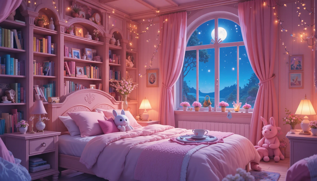 Gemütliches Anime-Kinderzimmer mit sanfter rosa Einschlafbeleuchtung