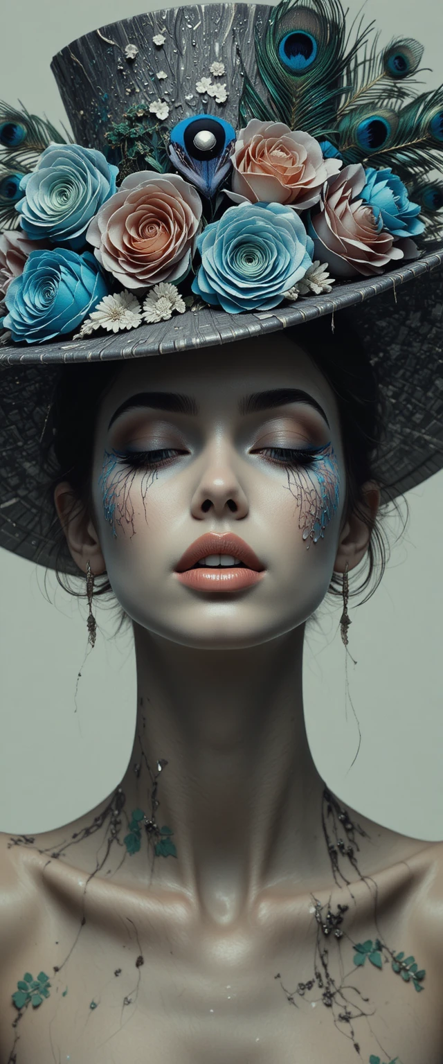 Arte conceptual surrealista de una mujer con sombrero de pavo real y rosas