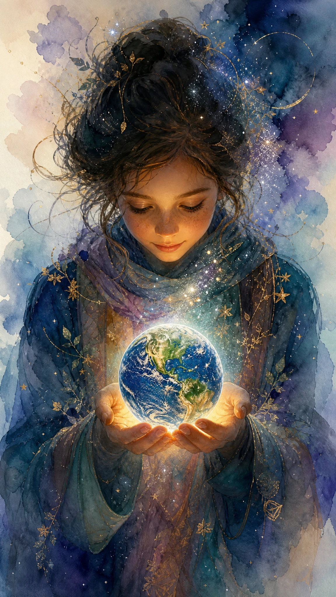 Figure Holding A Tiny Glowing Earth In Soft Watercolor