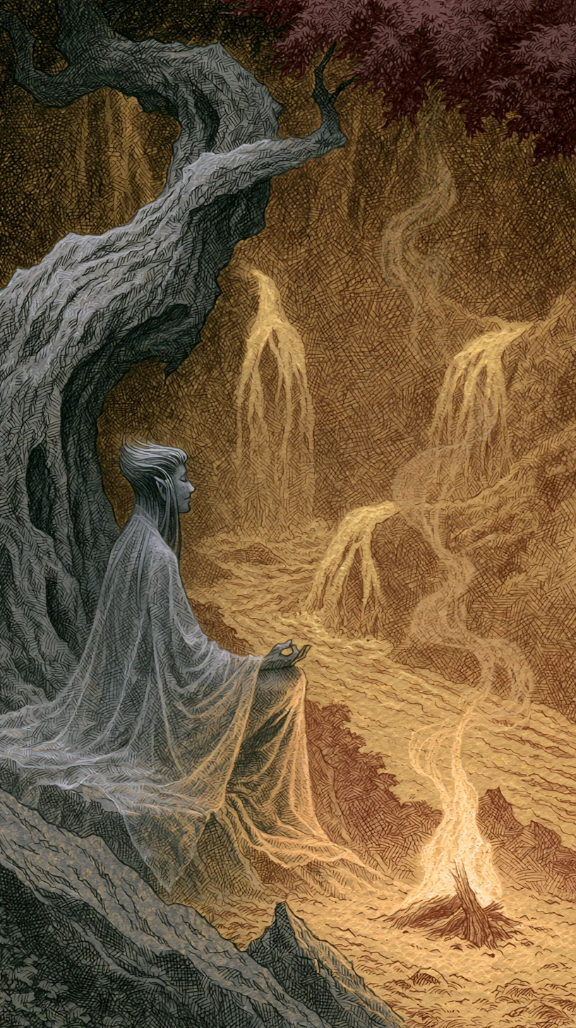 Ethereal woman meditating under a twisted tree by river