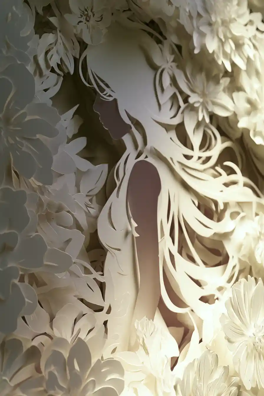 Layered papercut shadow box with floral silhouette woman