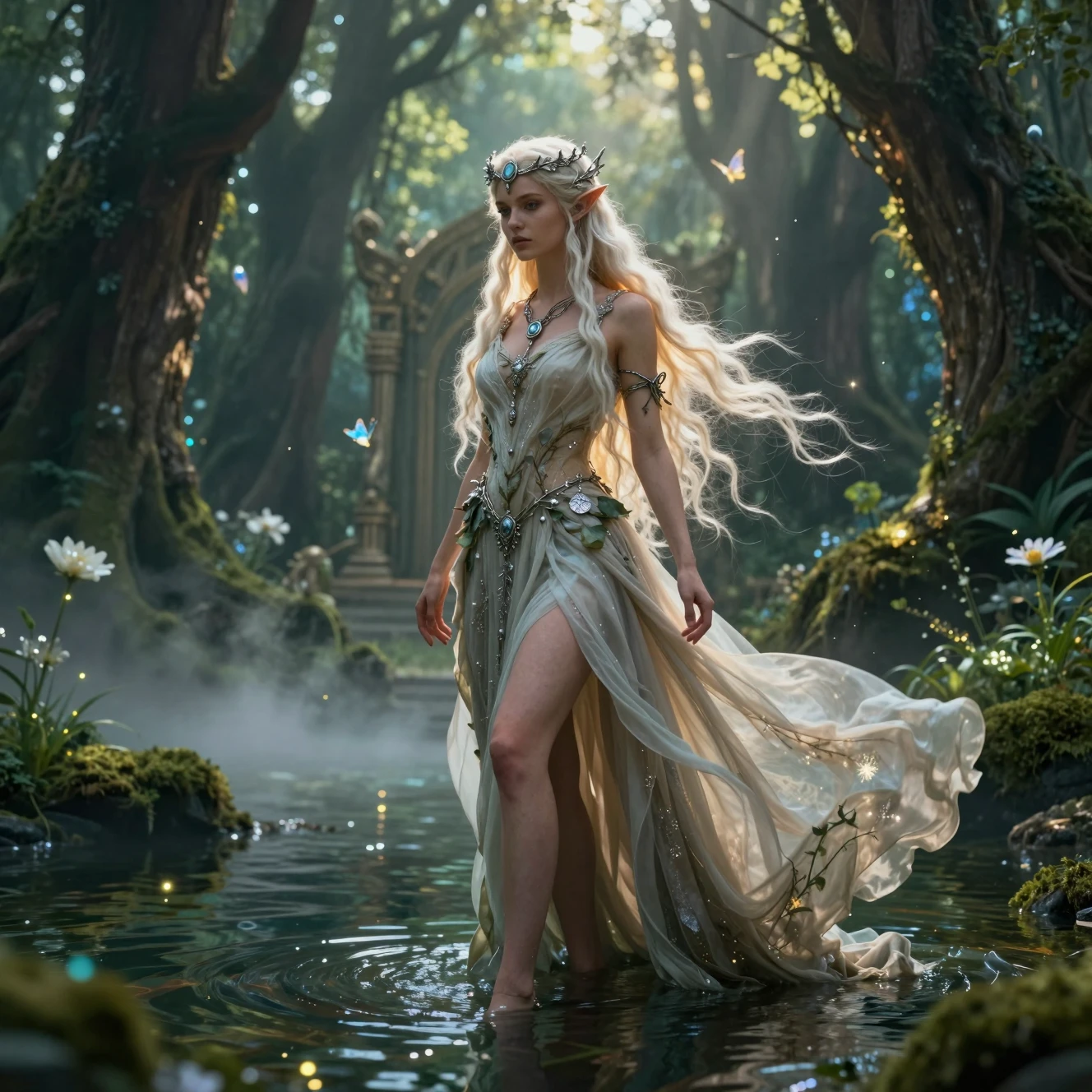 Elven princess standing in enchanted forest water
