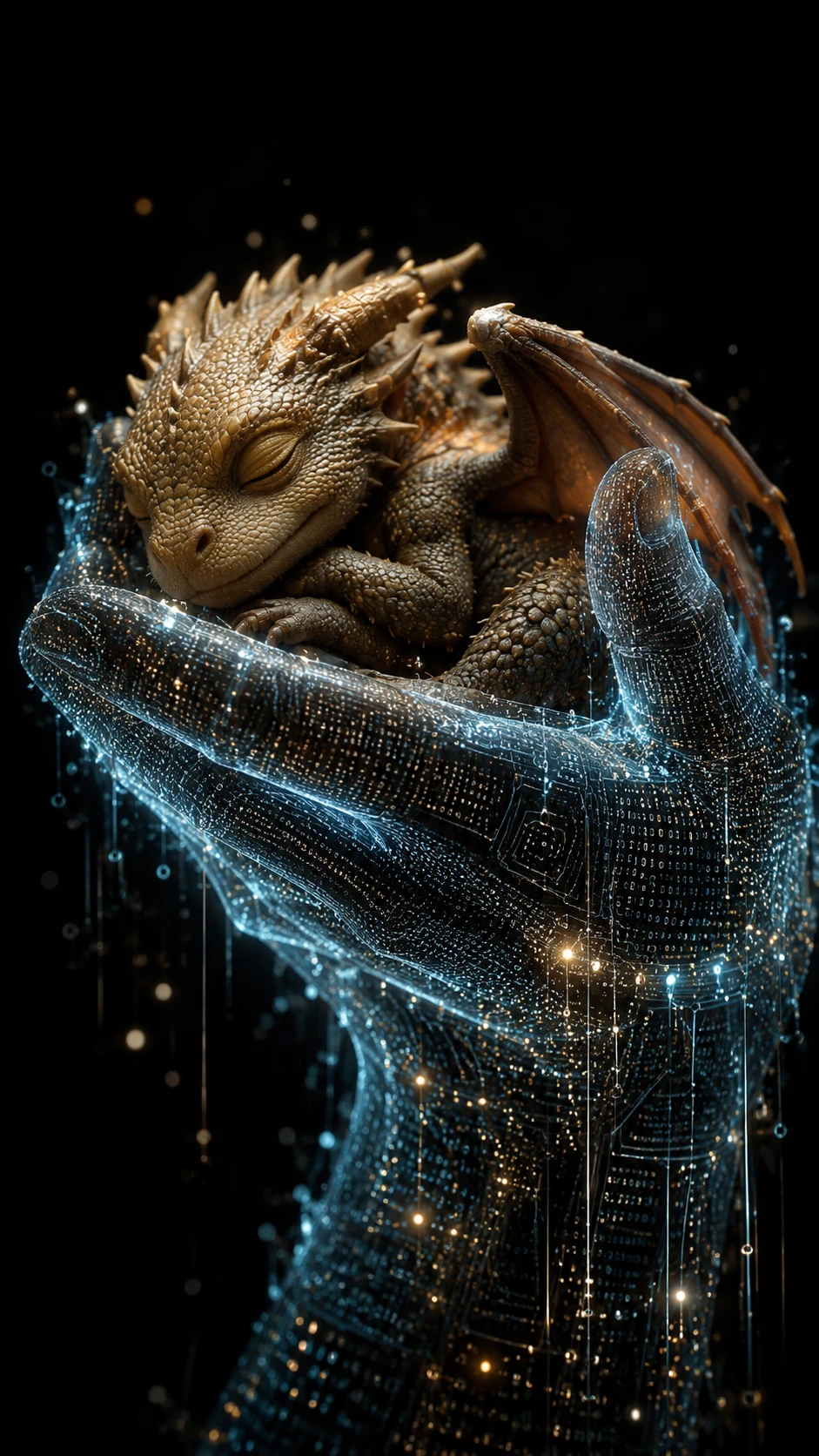 Mano Digital Acunando a un Bebé Dragón Dormido – Retrato