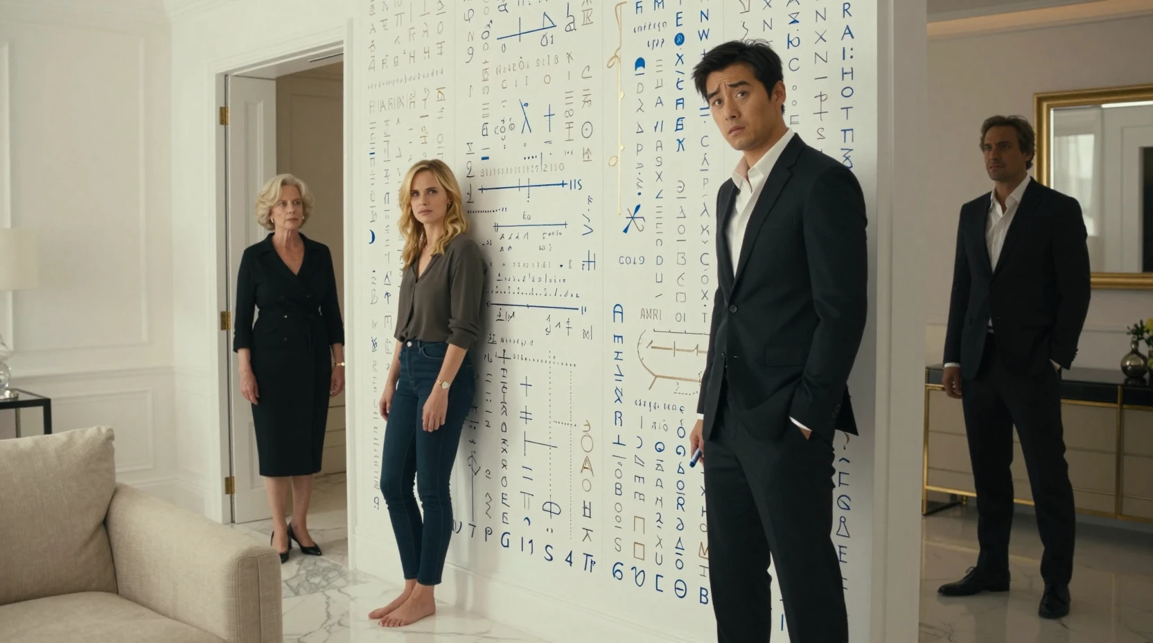 Plano amplio cinematográfico en un luminoso ático de lujo
