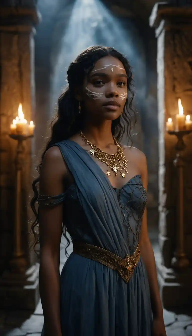 Ethereal woman in an ancient stone hall portrait
