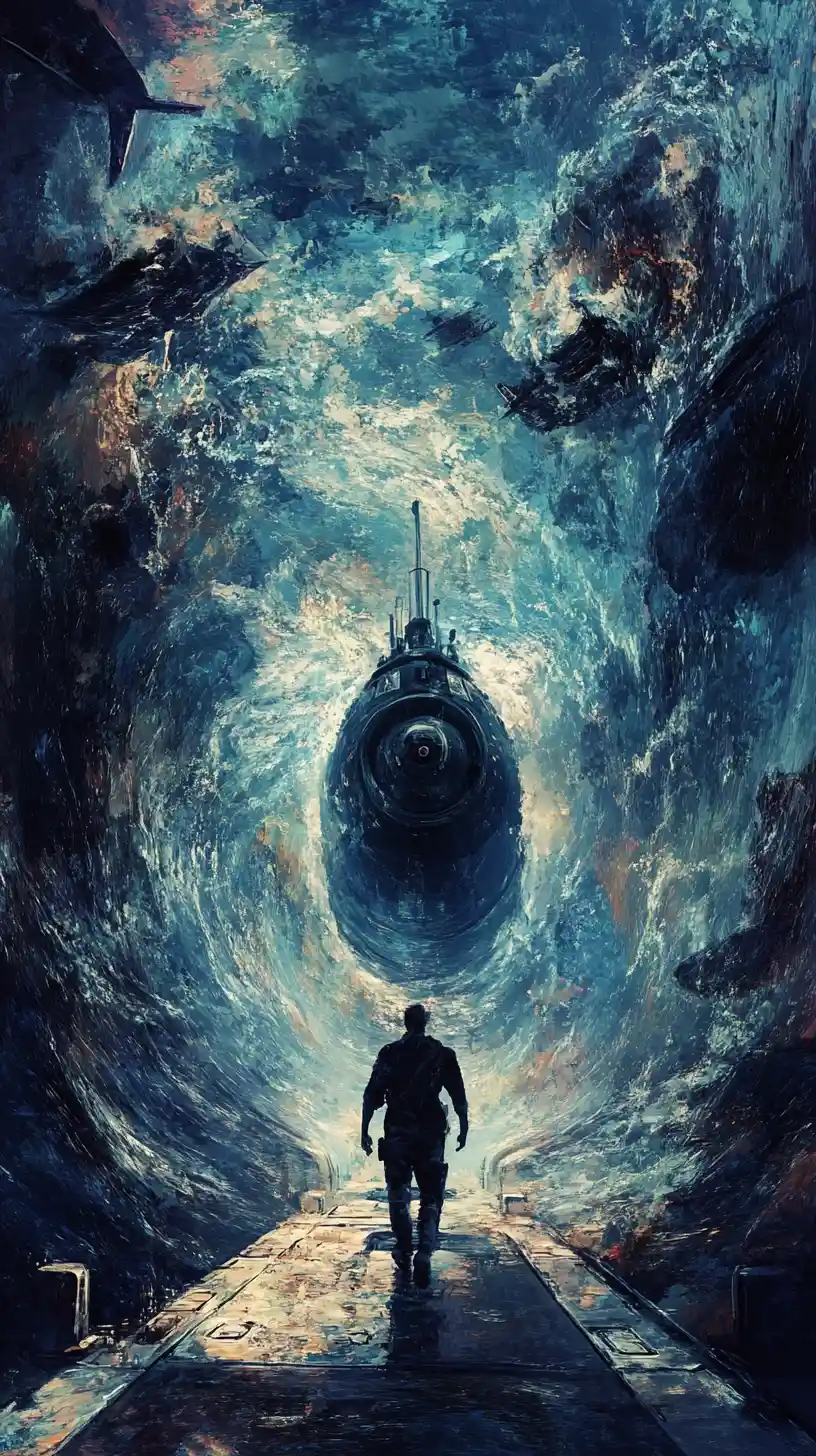 Man inside a submarine watching sonar blips underwater