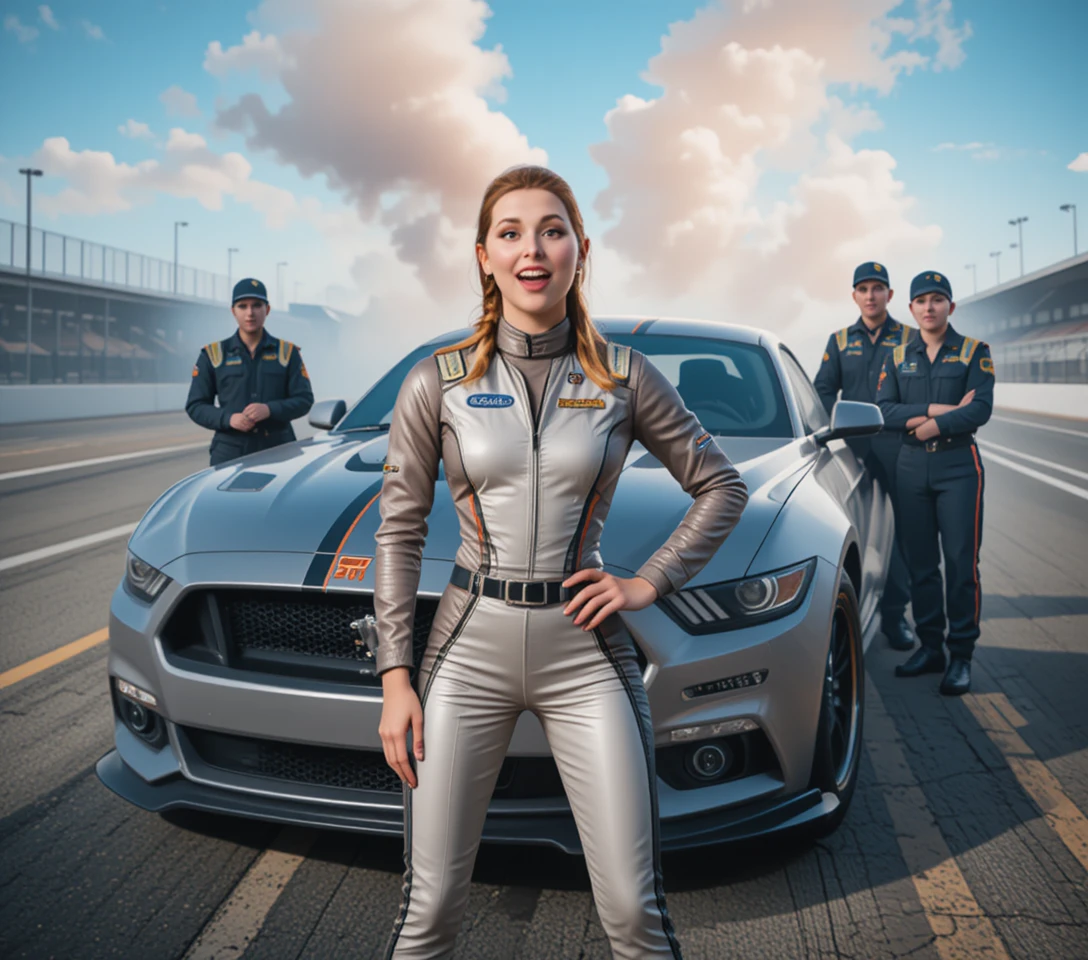 Joven mujer rubia piloto posando junto a un coche deportivo plateado