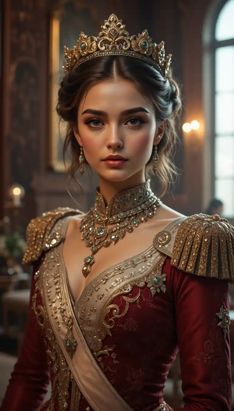 Retrato de una princesa guerrera regia en el majestuoso interior de un palacio