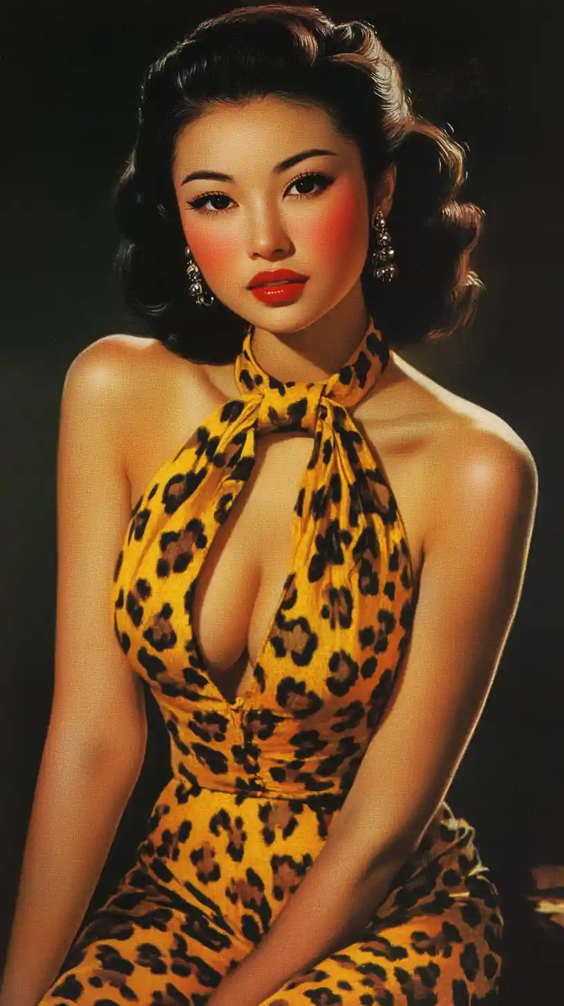 Elegant Chinese woman in yellow animal print halter dress