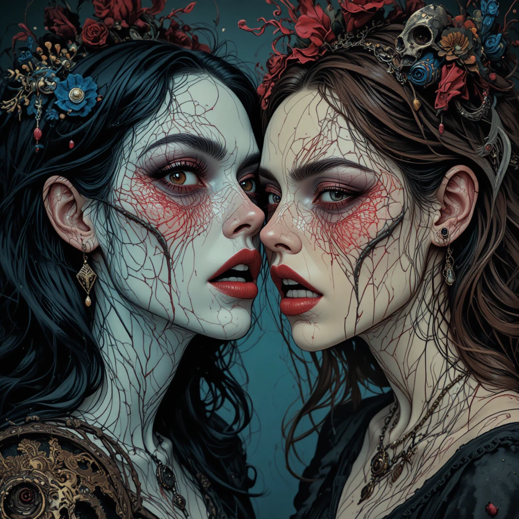 Ilustración surreal y macabra de mujeres en una escena de horror lúdica